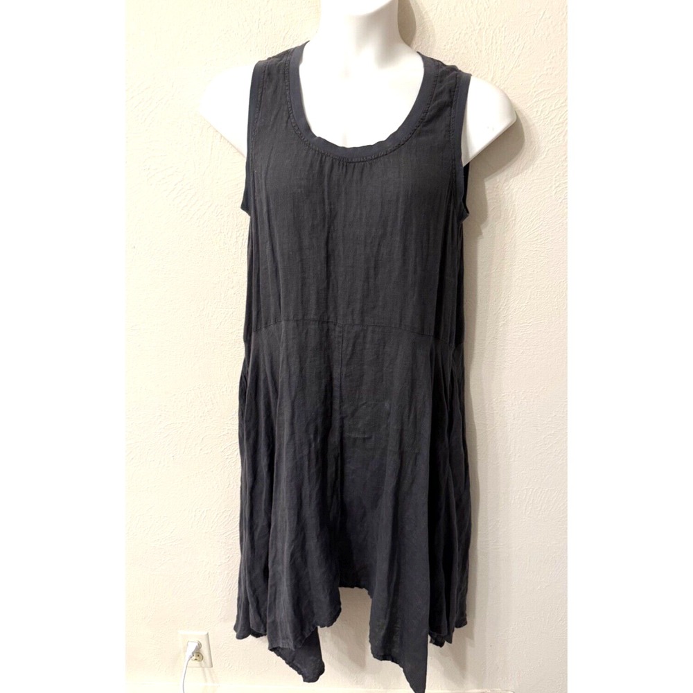 FLAX 100% Linen Dress S sleeveless Lagenlook oversized dark gray pockets Minimal